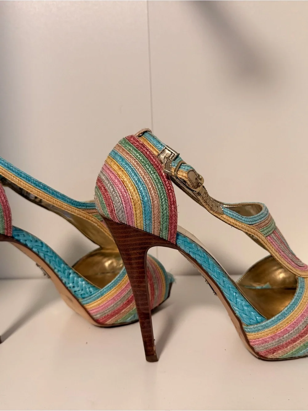 Bakers Rainbow Woven Platform Stiletto Heels Size 8.5 Y2K Colorful Sandals